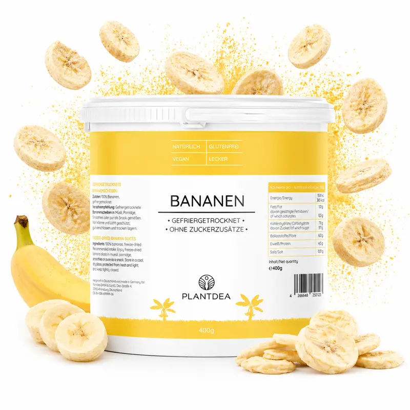 Gefriergetrocknete Bananenscheiben I 400g I 100% Frucht I Ohne Zuckerzusatz I Vegan & Glutenfrei I Knuspriger Snack & Topping I Freeze-dried banana slices I Gefriergetrocknete Bananen | PlantDEA